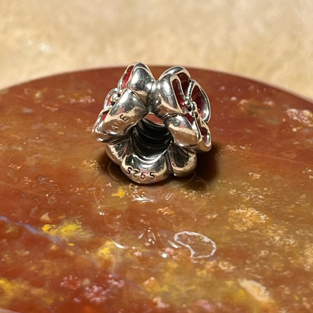 Pandora Red Poppy Sterling Silver Flower Bead Charm RARE - Picture 10 of 12